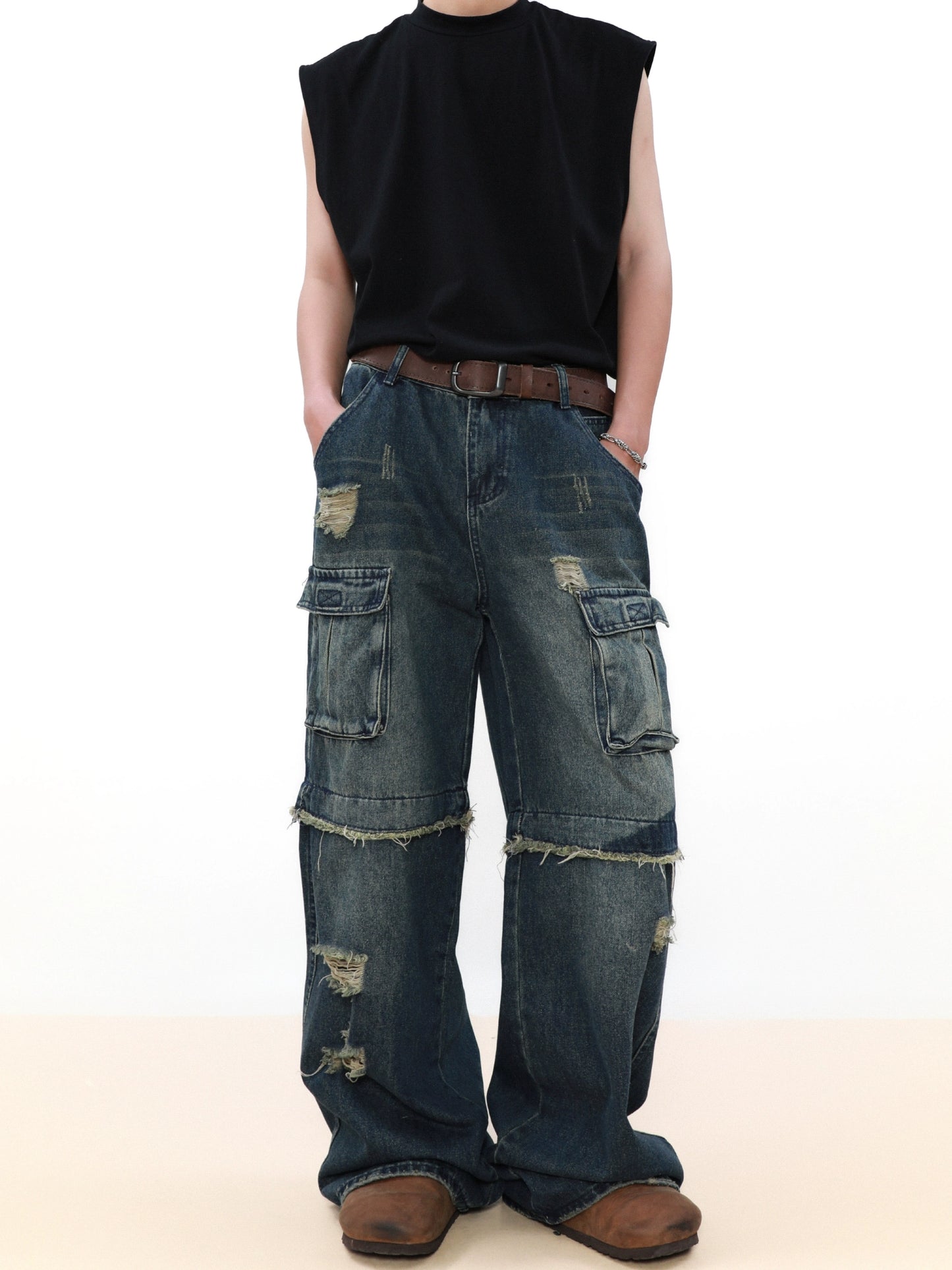 Damage Multi Pocket Straight Leg Denim Jeans WN8332