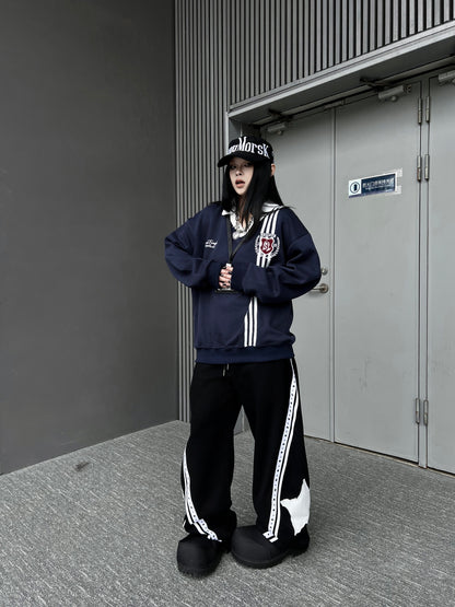 Stripe Embroidery V-Neck Polo Sweatshirt WN24157