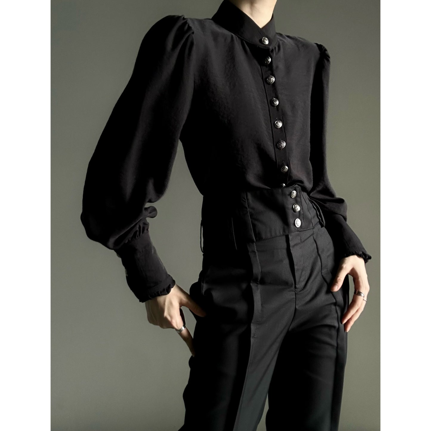 Standing-Collar Drape Design Long Sleeve Shirt WN23121