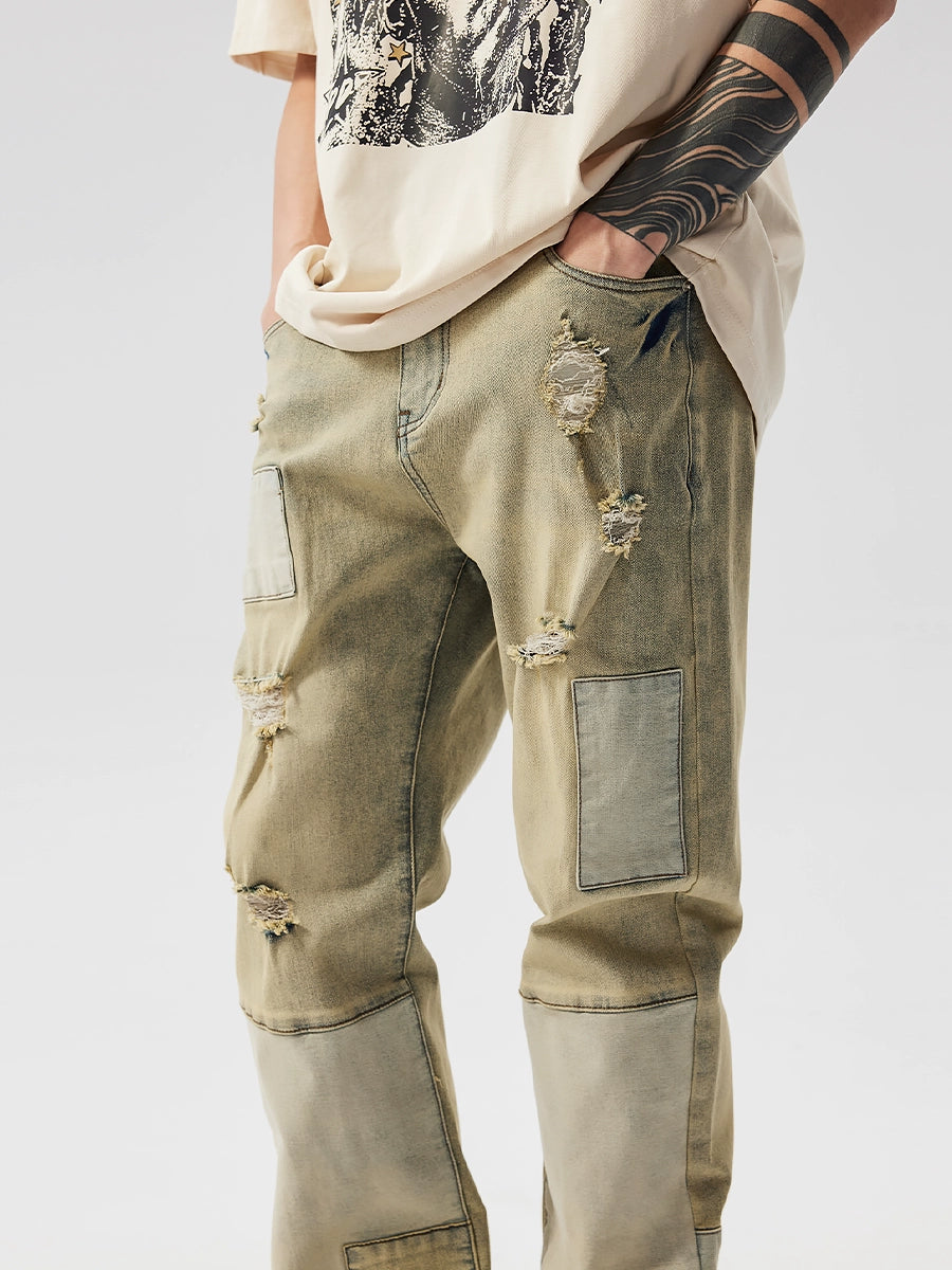 Patchwork Damage Straight Denim Jeans WN17483