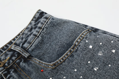 Washed Rhinestone Denim Wide Leg Half Pants WN25697
