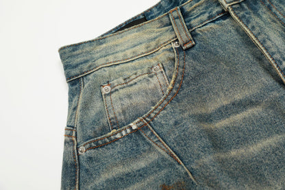 Dirty Washed Curved Wide Leg Denim Jeans WN25914
