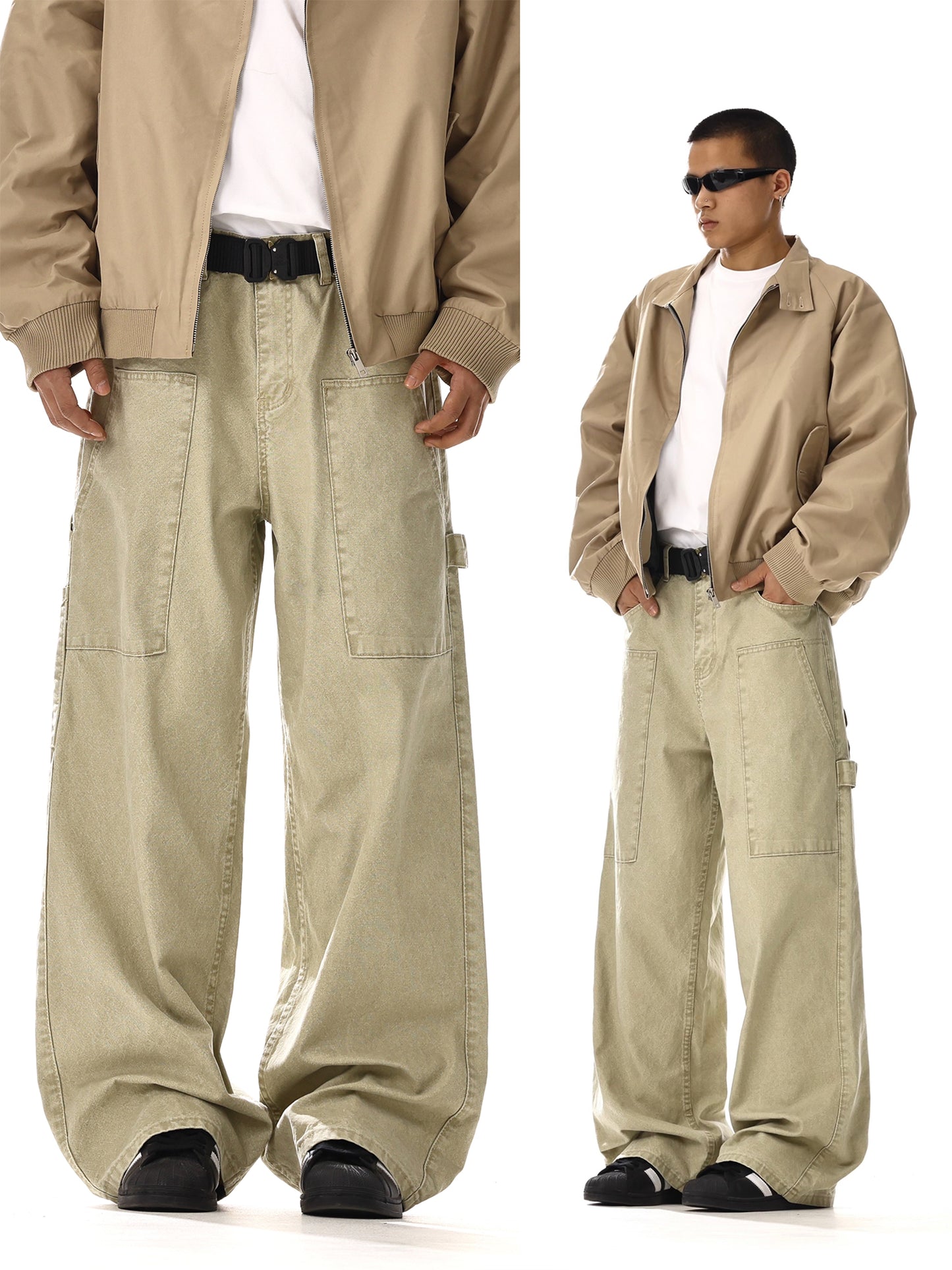 Patchwork Washed Wide-Leg Straight Cargo Denim Jeans WN15134