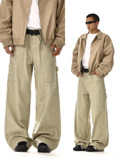 Patchwork Washed Wide-Leg Straight Cargo Denim Jeans WN15134