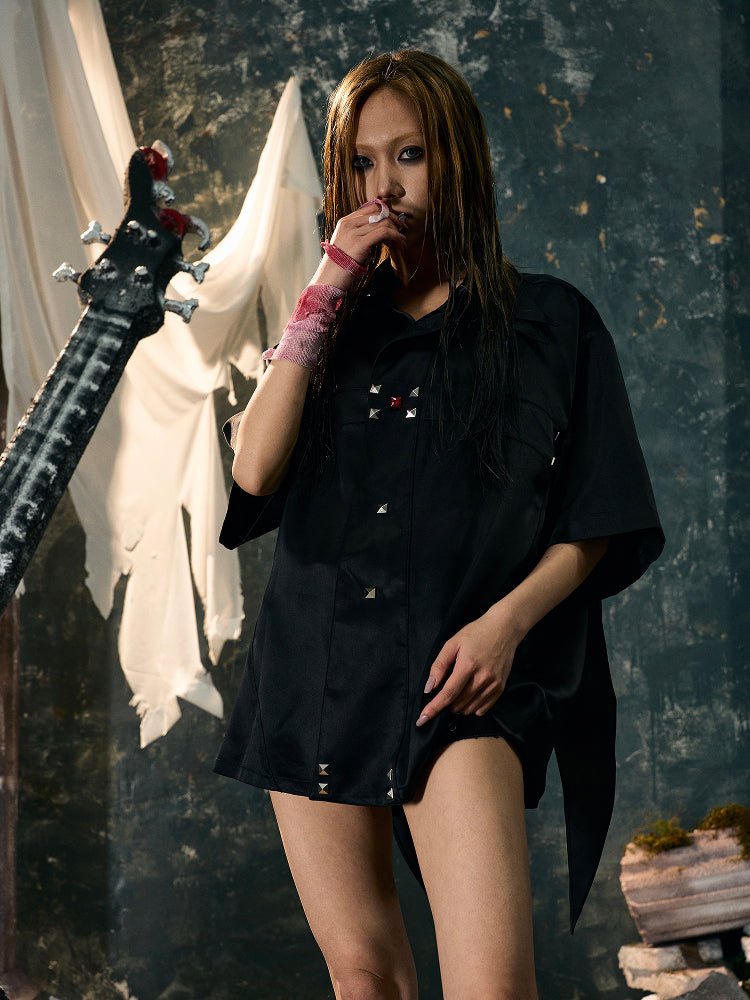 Cross Satin Design Studs Short Sleeve Shirt WN15866