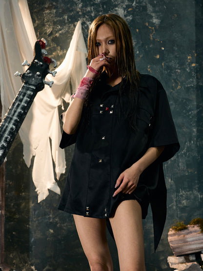 Cross Satin Design Studs Short Sleeve Shirt WN15866