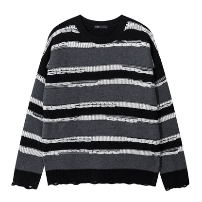 Stripe Damage Round Neck Oversize Knit Sweater WN10891