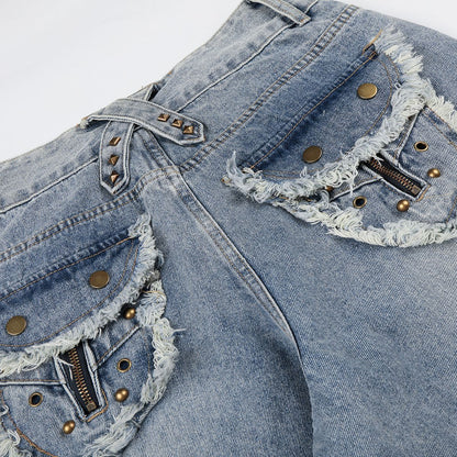 Fringe Studs Wide Leg Denim Jeans WN25804