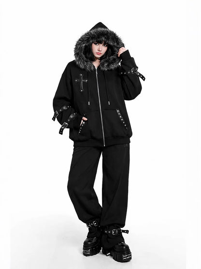Cross Leather Patch Fake Fur Collar Belt Buckle Hoodied Jacket WN27908