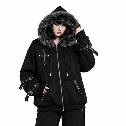 Cross Leather Patch Fake Fur Collar Belt Buckle Hoodied Jacket WN27908