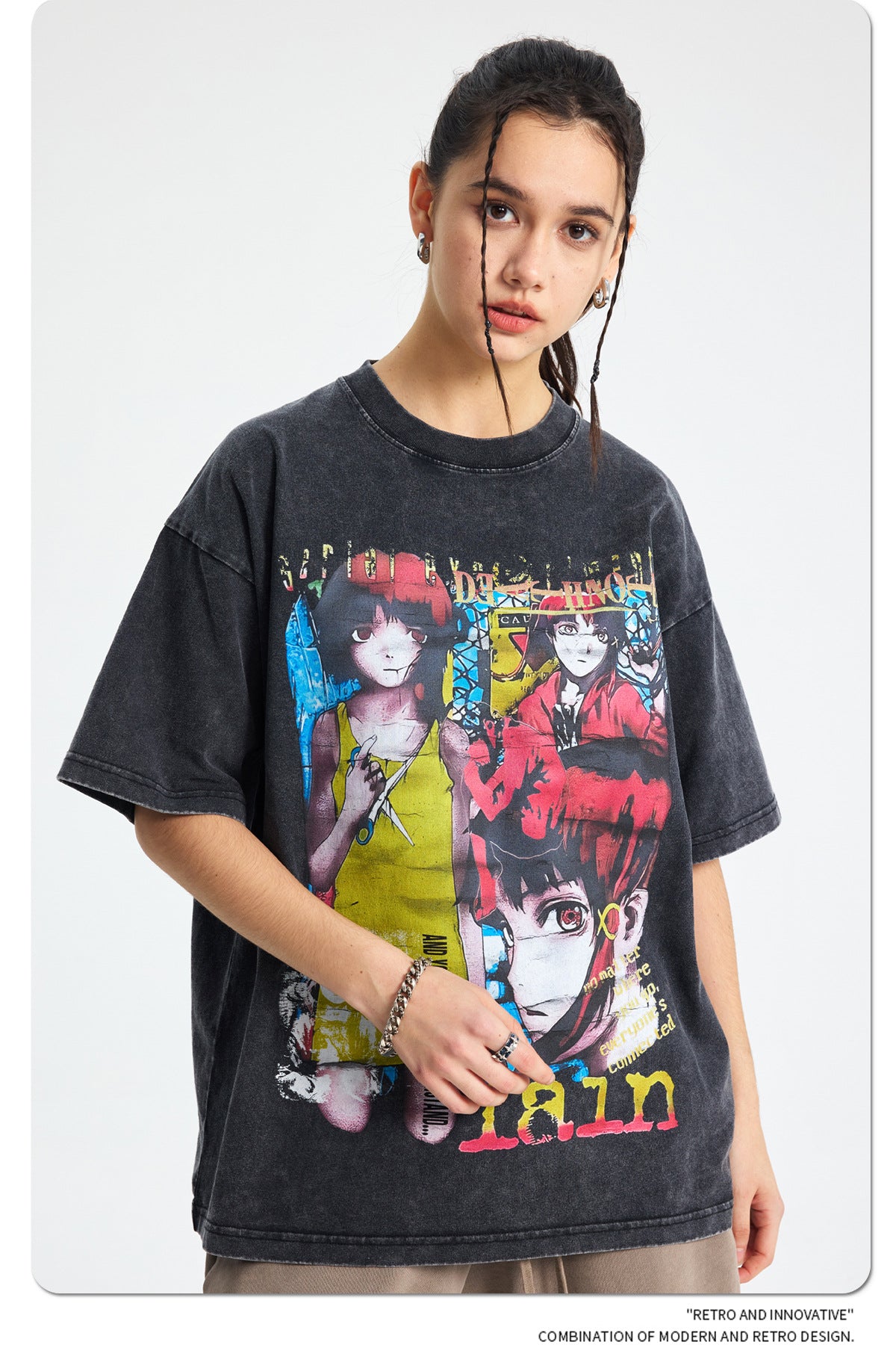 Cartoon Girl Print Washed Short Sleeve T-Shirt WN16269