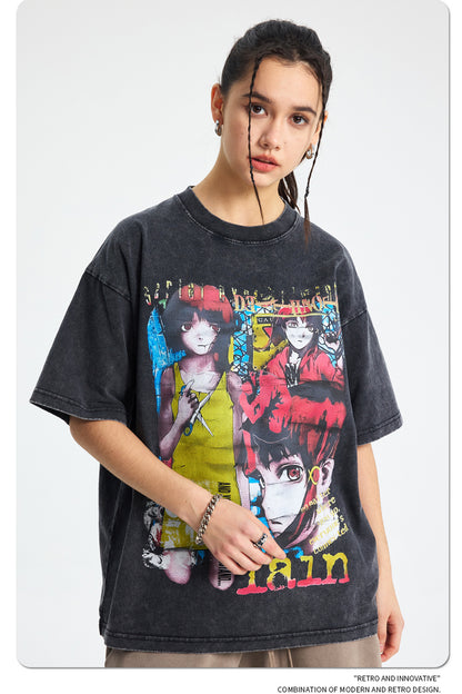 Cartoon Girl Print Washed Short Sleeve T-Shirt WN16269