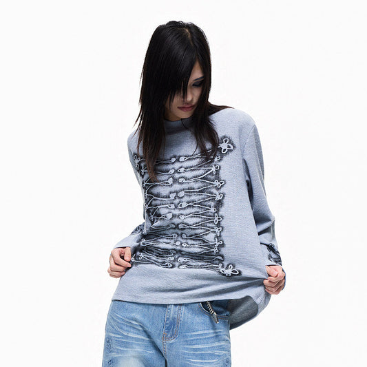 Skeleton Graphic Oversize Waffle Long Sleeve T-Shirt WN27254