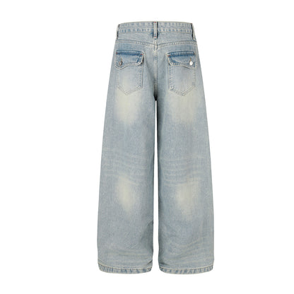 Washed Paint Studs Detail Wide Leg Denim Jeans WN25418