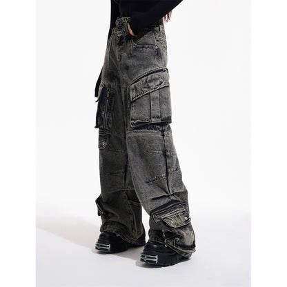Washed Multi-Pocket Wide Leg Cargo Denim Jeans WN18200