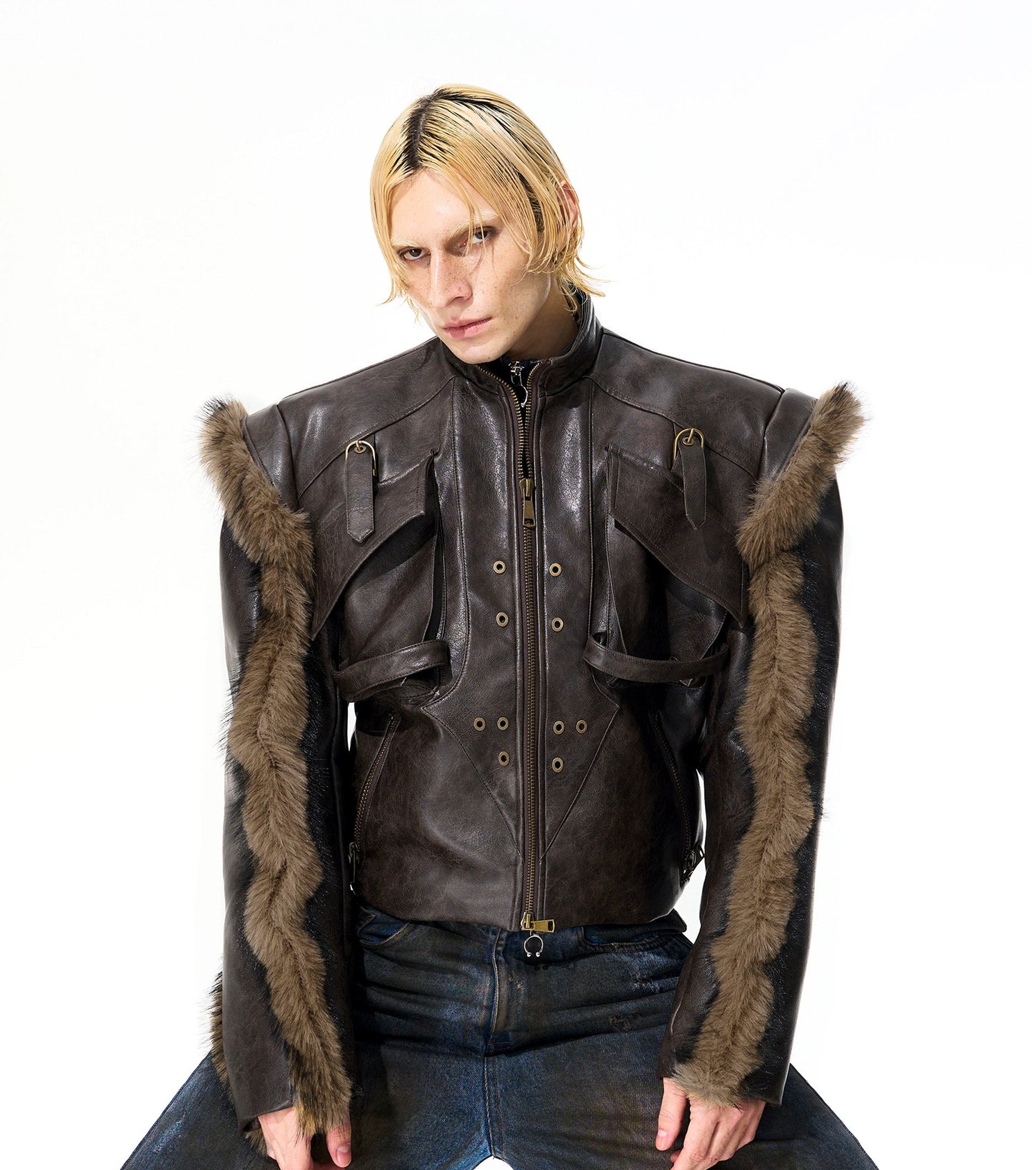 Washed Zipper Fake Fur Patchwork PU Leather Short Jacket WN21825