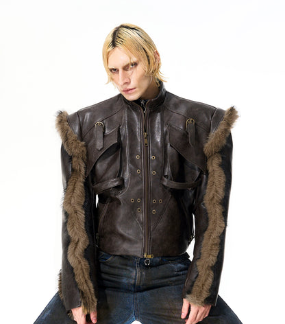 Washed Zipper Fake Fur Patchwork PU Leather Short Jacket WN21825