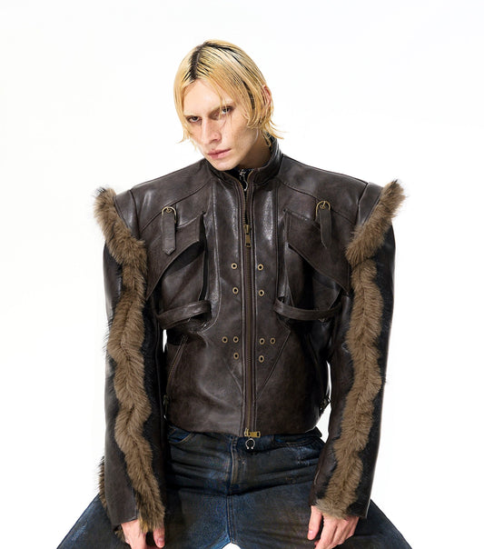 Washed Zipper Fake Fur Patchwork PU Leather Short Jacket WN21825