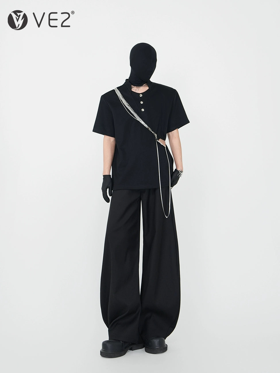 Heavyweight Standing-Neck Short Sleeve T-Shirt & Curved Wide Leg Trousers Setup WN17419