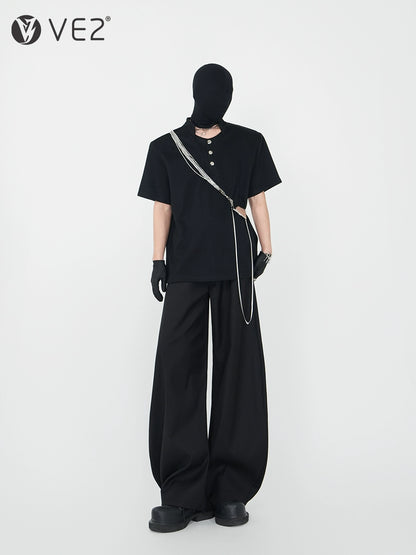 Heavyweight Standing-Neck Short Sleeve T-Shirt & Curved Wide Leg Trousers Setup WN17419