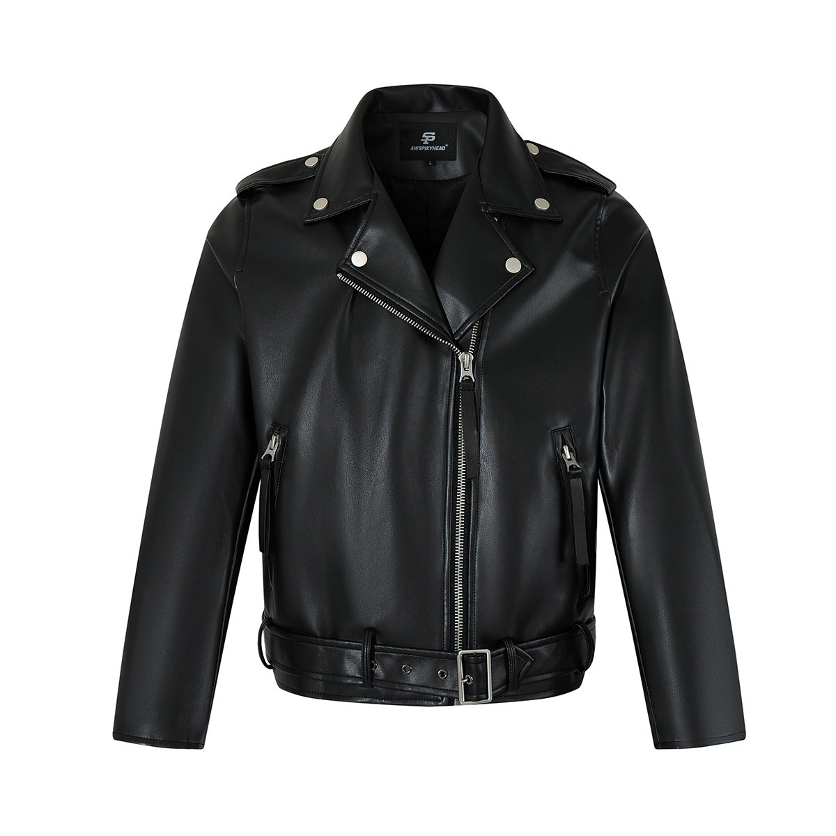 Zip-Up Belted Metal Buckle PU Leather Jacket WN23082