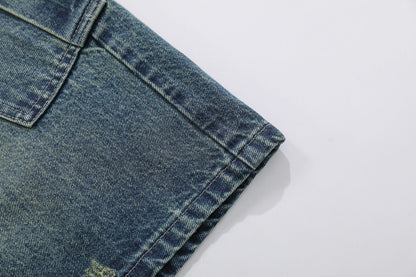 Washed Multi Pocket Letter Print Denim Half Jeans WN25994