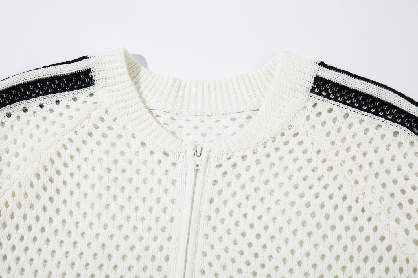 Striped Hollow-Out Zipper Knit Cardigan WN11272