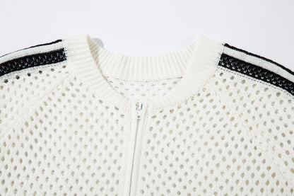 Striped Hollow-Out Zipper Knit Cardigan WN11272