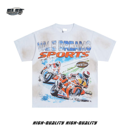 Washed Motorcycle Racing Print Short Sleeve T-Shirt WN26548