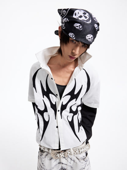 Fake Layered Flame Patch Embroidery Short Sleeve Shirt WN27296