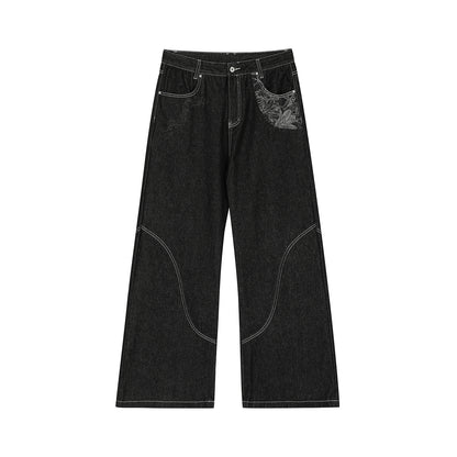 Contrast Stitch Bandana Patch Wide Leg Denim Jeans WN25979