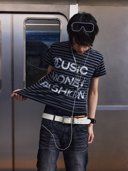 Stripe Letter Logo Print Short Sleeve T-Shirt WN27226