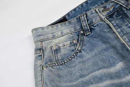 Washed Damage Whisker Wide Leg Denim Jeans WN26019
