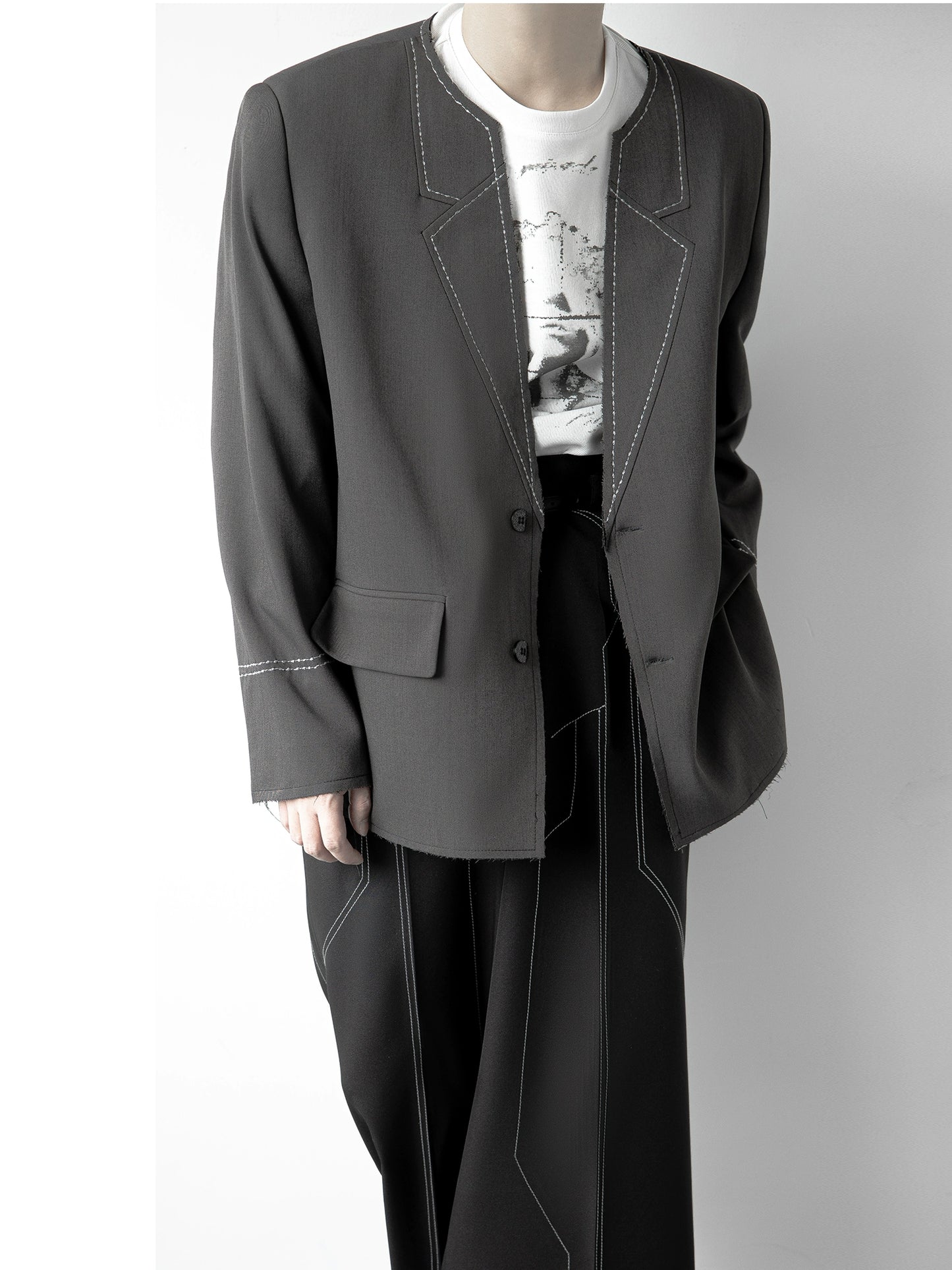 Stitching Collarless Oversize Tailored Jacket WN11835