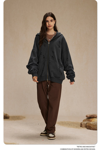 Oversize Damage Double Zipper Hoodie WN9975