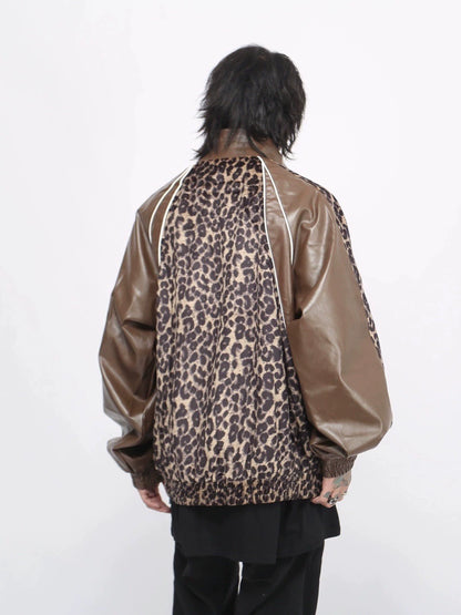 Stand Neck Leopard Print PU Leather Mix Jacket WN8371