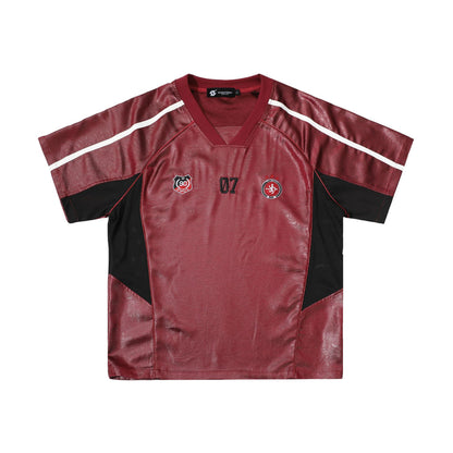 Chest Emblem PU Leather Stitching V-Neck Oversize Short Sleeve T-Shirt WN25655