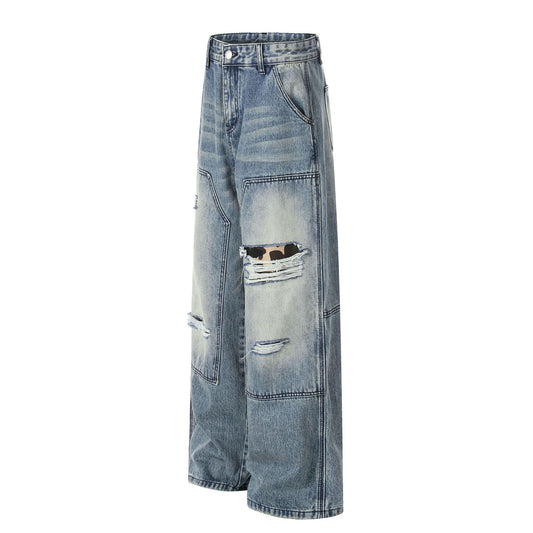 Washed Deconstruction Damage Wide Leg Denim Jeans WN25978