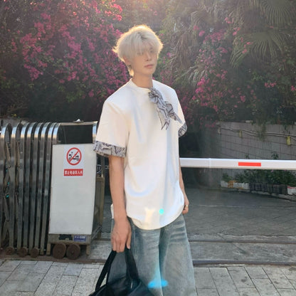 Snake Print Ribbon Contrast Short Sleeve T-Shirt WN19724