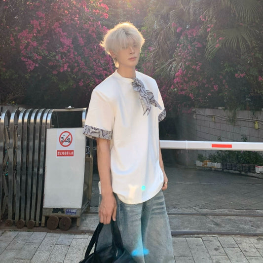 Snake Print Ribbon Contrast Short Sleeve T-Shirt WN19724