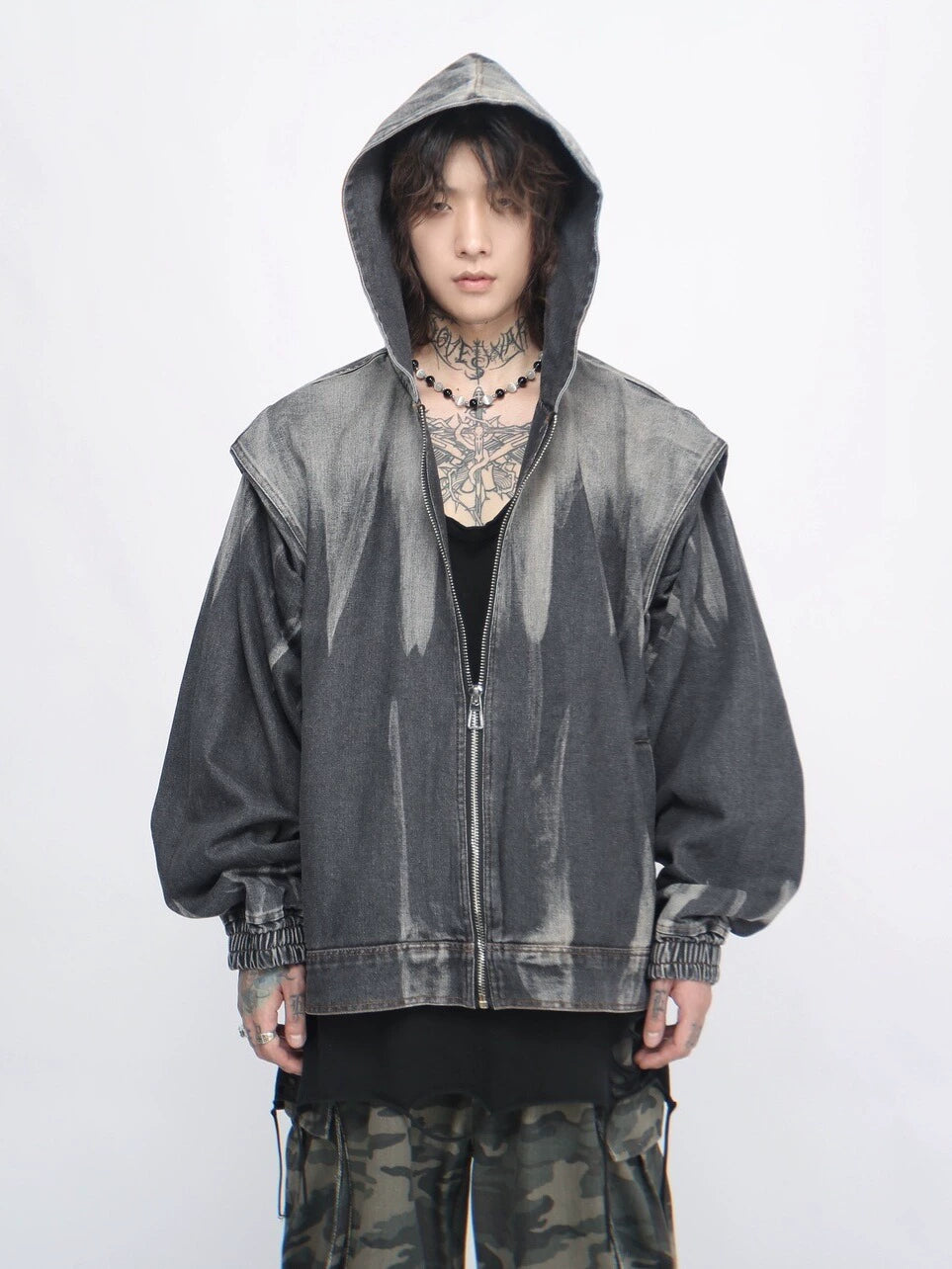 Damage Washed Denim Zipper Hooded Jacket WN7715