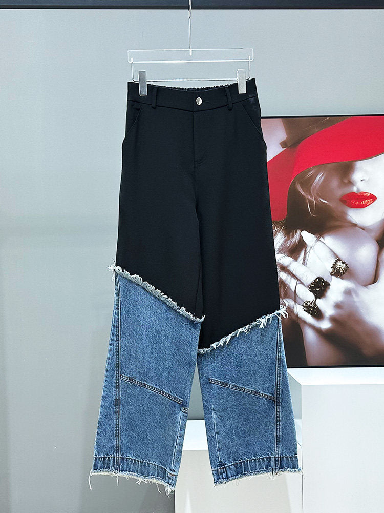 Deconstructed Fringe Patchwork Short Jacket & Straight Denim Jeans Setup WN23904