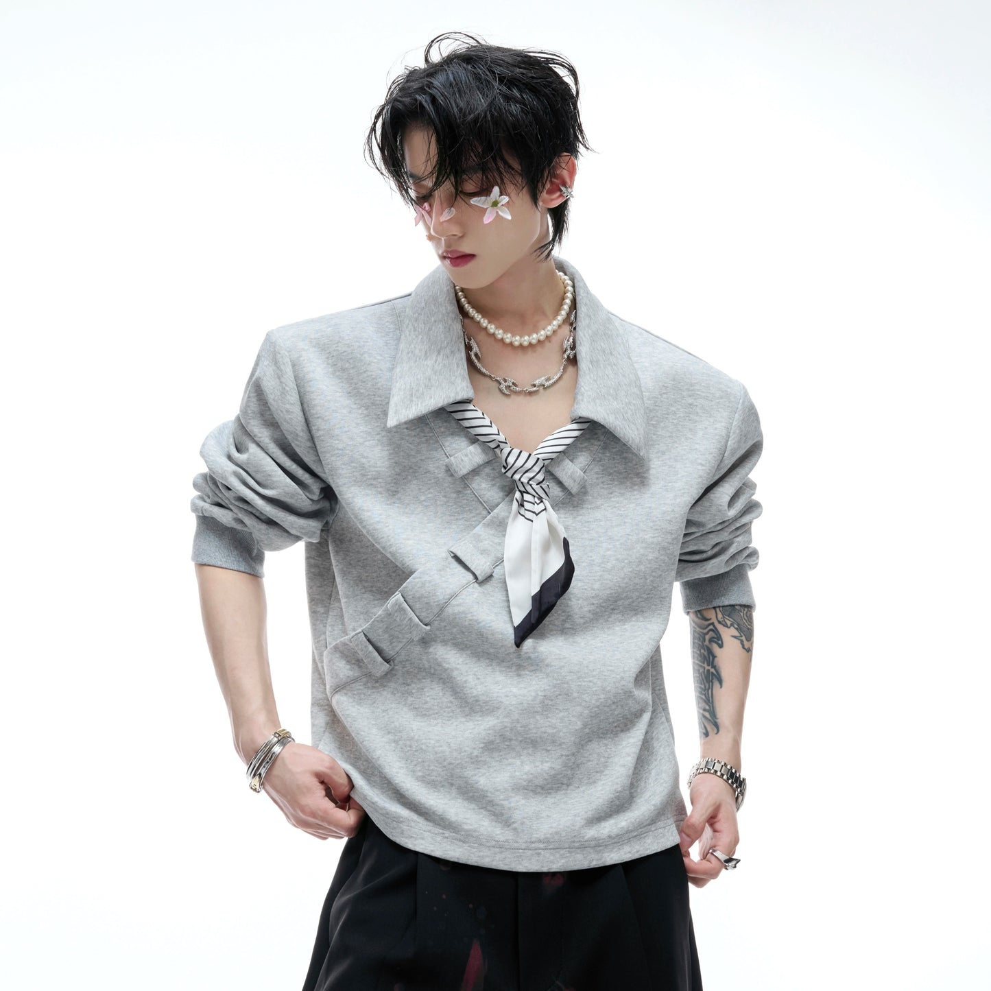 Stripe Scarf Ribbon V-Neck Long Sleeve Shirt WN20534