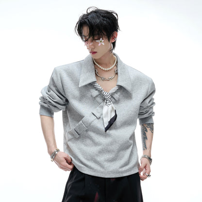 Stripe Scarf Ribbon V-Neck Long Sleeve Shirt WN20534