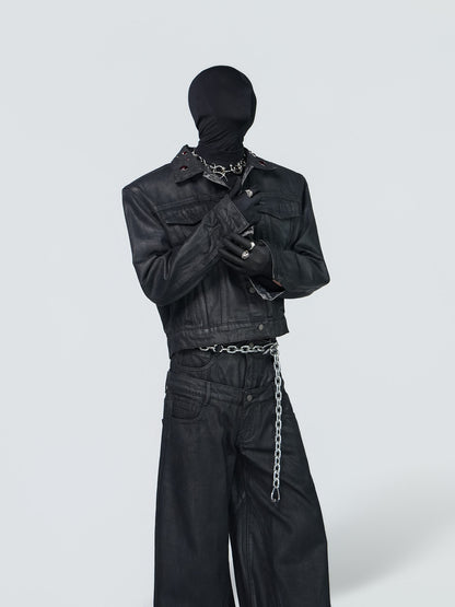 Wax Coated Short Denim Jacket & Wax Coated Wide Leg Denim Jeans Setup WN24302