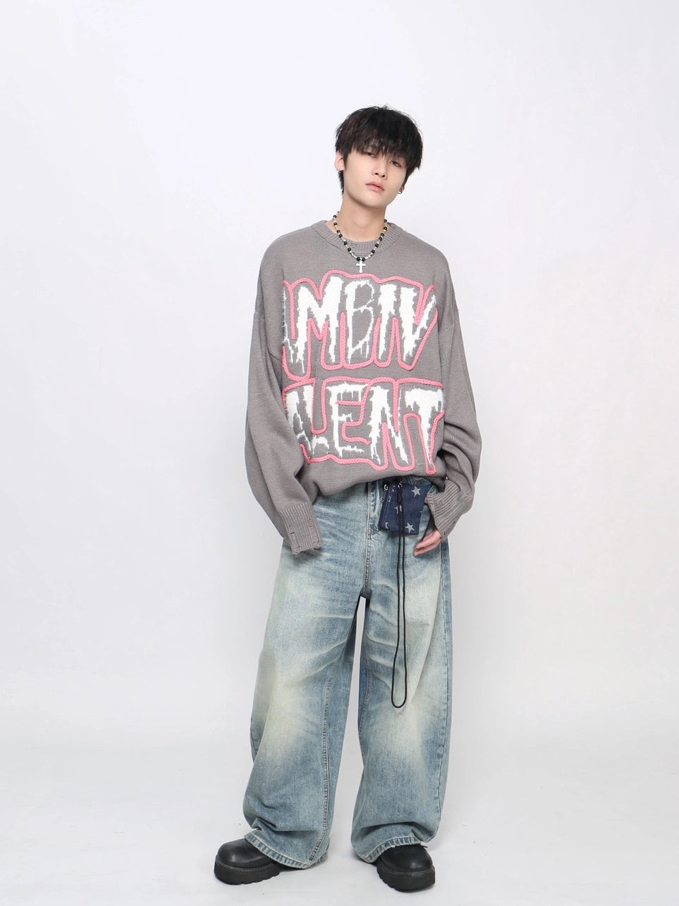 Letter Embroidery Oversize Knit Sweater WN21044