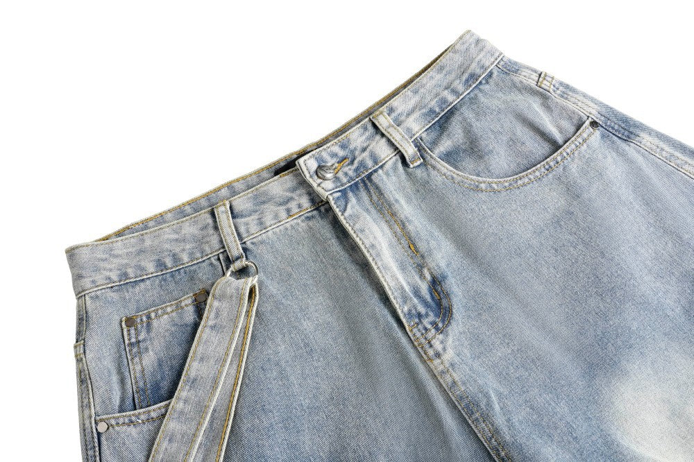 Bleached Cargo Pocket Wide Leg Denim Jeans WN27998