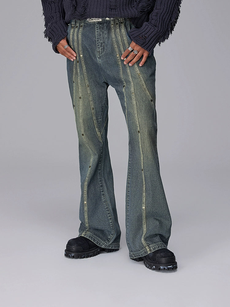 Wash Rivet Patchwork Flare Denim Jeans WN17931