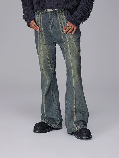 Wash Rivet Patchwork Flare Denim Jeans WN17931