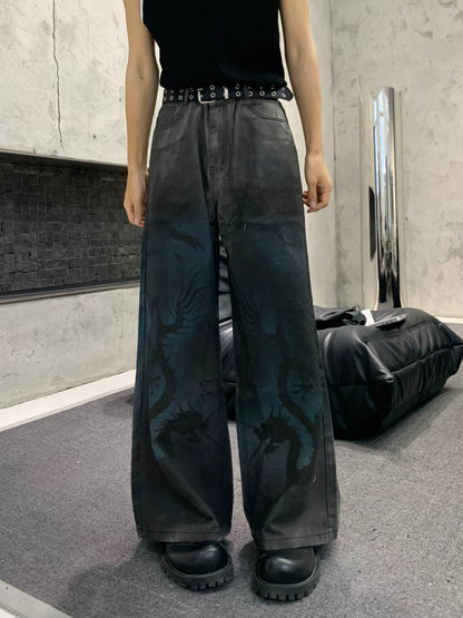 Graphic Art Print Wide Leg Denim Jeans WN19823